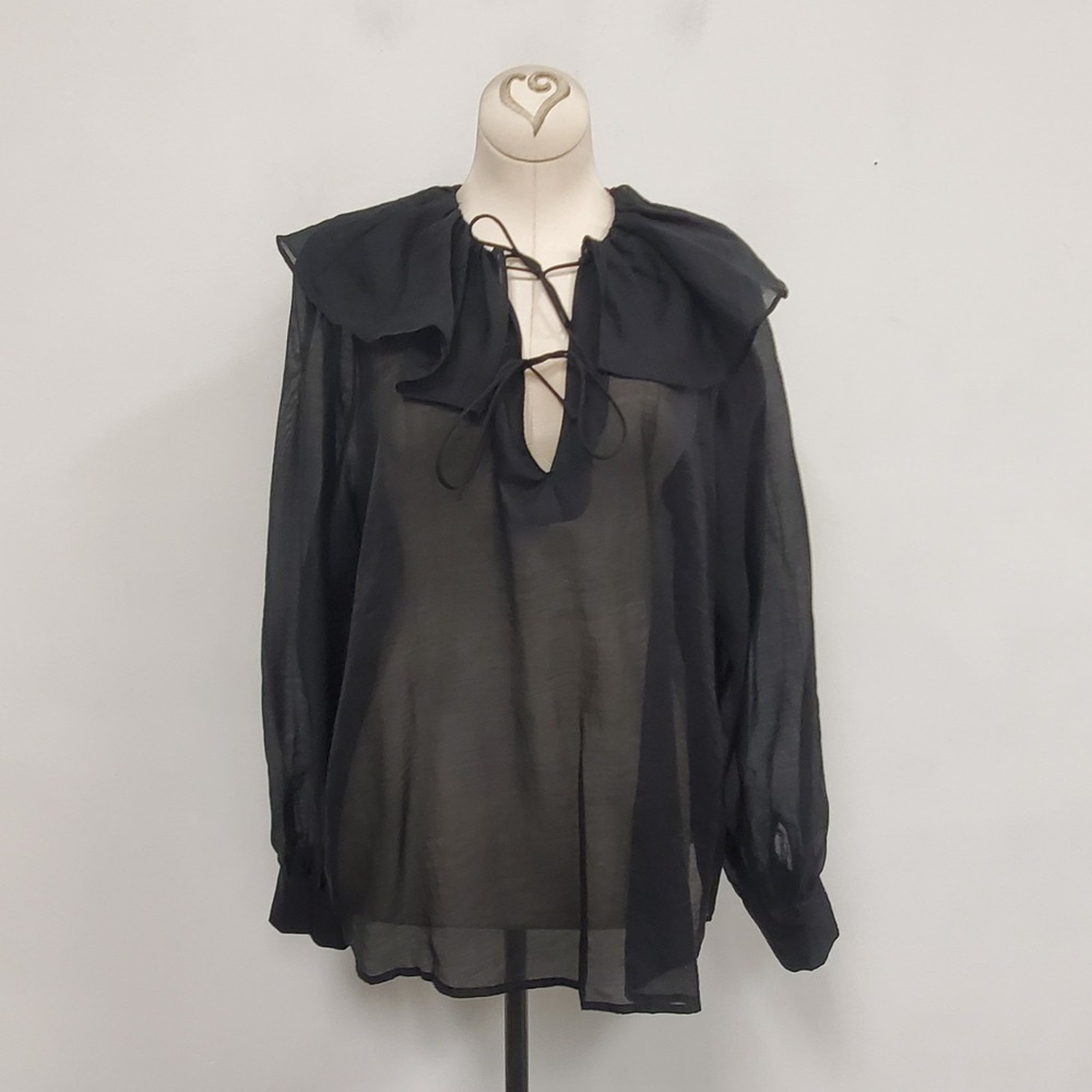 H&M Womens V Neck Lace Up Front Victorian Semi Sheer Top Size M Black Ruffle
